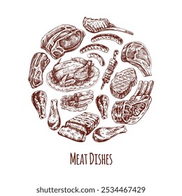 Elements in circle. Meat and vegetables menu template in engraved vintage style. Hand-drawn sketches of barbecue meat with herbs and seasonings. 