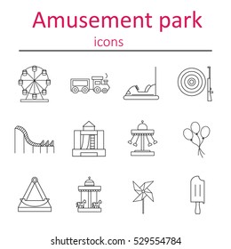 Elements of the city. Icons amusement park in the style of outlines. Vector illustration.