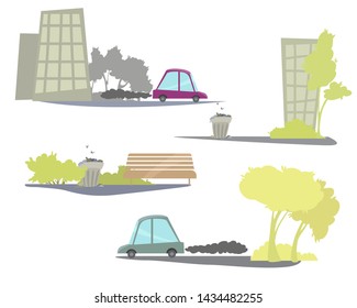 Elements of cityscape, vector illustration. Islands with trees and houses, cars and benches. Green city or park. Design elements. The problem of environmental pollution.