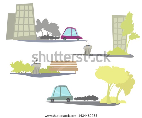 Elements of cityscape, vector\
illustration. Islands with trees and houses, cars and benches.\
Green city or park. Design elements. The problem of environmental\
pollution.