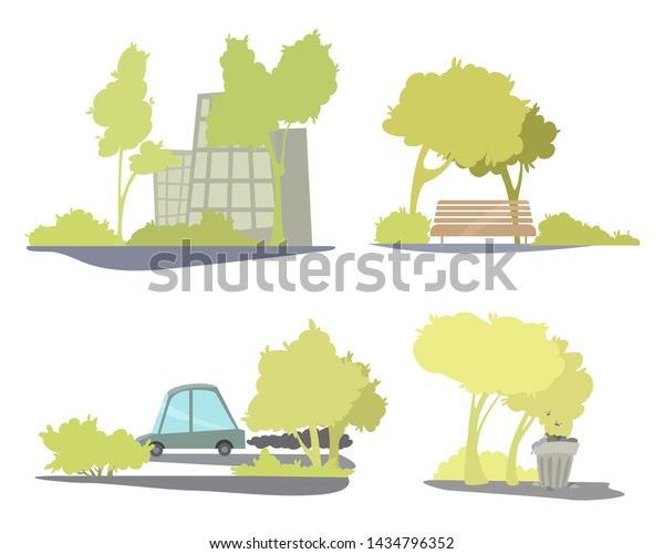 Elements of cityscape, vector illustration.\
Islands with trees and houses, cars and benches. Green city or\
park. Design\
elements.