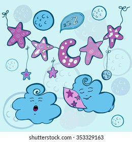 elements, clouds, stars, moon cushion. pink and blue