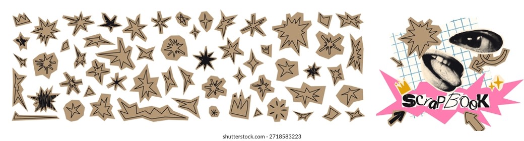 Elementos para el collage, cortado de papel artesanal dibujado a mano doodle estrellas conjunto y colección de Formas irregulares. Recorte de pegatinas de elementos funky para la Ilustración vectorial del libro de recuerdos sobre fondo transparente