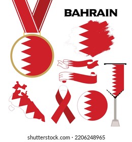 Elements Collection With The Flag of Bahrain Design Template. Bahrain Flag, Ribbons, Medal, Map, Grunge Texture and Button. Vector Illustration