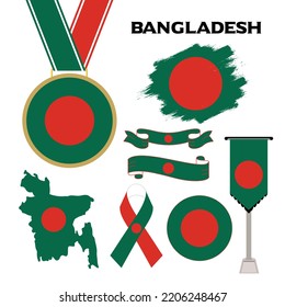 Elements Collection With The Flag of Bangladesh Design Template. Bangladesh Flag, Ribbons, Medal, Map, Grunge Texture and Button. Vector Illustration