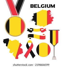 Elements Collection With The Flag of Belgium Design Template. Belgium Flag, Ribbons, Medal, Map, Grunge Texture and Button. Vector Illustration