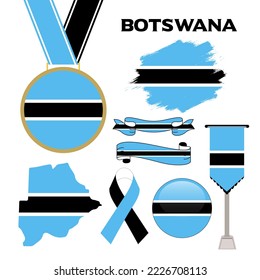 Elements Collection With The Flag of Botswana Design Template. Botswana Flag, Ribbons, Medal, Map, Grunge Texture and Button. Vector Illustration