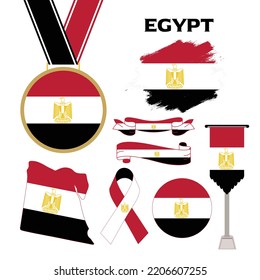 Elements Collection With The Flag of Egypt Design Template. Egypt Flag, Ribbons, Medal, Map, Grunge Texture and Button. Vector Illustration