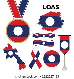 Elements Collection With The Flag of Laos Design Template. Laos Flag, Ribbons, Medal, Map, Grunge Texture and Button. Vector Illustration