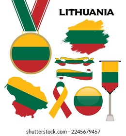 Elements Collection With The Flag of Lithuania Design Template. Lithuania Flag, Ribbons, Medal, Map, Grunge Texture and Button. Vector Illustration