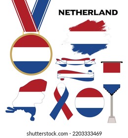 Elements Collection With The Flag of Netherlands Design Template. Netherlands Flag, Ribbons, Medal, Map, Grunge Texture and Button. Vector Illustration