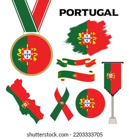 Elements Collection With The Flag of Portugal Design Template. Portugal Flag, Ribbons, Medal, Map, Grunge Texture and Button. Vector Illustration