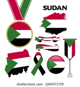 Elements Collection With The Flag of Sudan Design Template. Sudan Flag, Ribbons, Medal, Map, Grunge Texture and Button. Vector Illustration