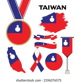 Elements Collection With The Flag of Taiwan Design Template. Taiwan Flag, Ribbons, Medal, Map, Grunge Texture and Button. Vector Illustration