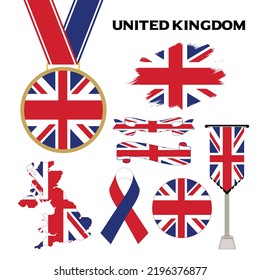 Elements Collection With The Flag of United Kingdom Design Template. United Kingdom Flag, Ribbons, Medal, Map, Grunge Texture and Button. Vector Illustration