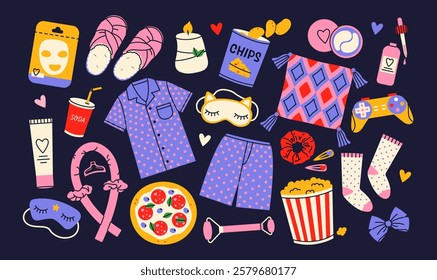 Elements collection for pajama party. Lovely pajama, snacks, sleep mask, socks, cosmetics, pillow, face mask, slippers, hair roller and tie. Flat vector illustration.