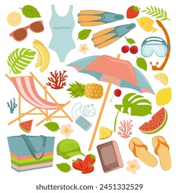 Elements of the collection for summer holidays. Bright summer poster. Summer vector stickers set. Icons, signs, banners.