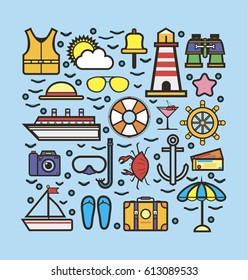 Elements in concept of travelling isolated on blue. Cruise icons