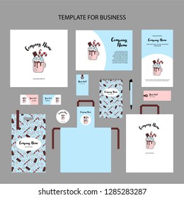 Elements of corporate identity for a restaurant, cafe. Christmas sweet drink. Hot chocolate with marshmallow, candies and chocolate in cup. Template cover, vector illustration