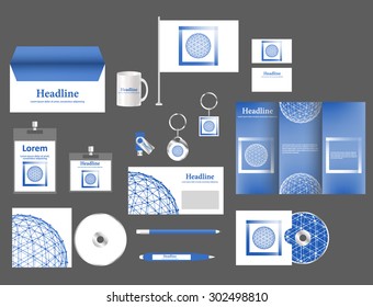 Elements of corporate style of your company. Objects decorated in corporate style. Set of a plurality of subjects. Variant design of corporate identity. Office appliances.