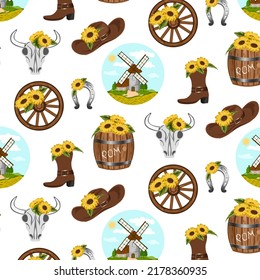 Elements of cowboy decor with sunflowers. Hat, boots, horseshoe and barrel decorated with sunflowers on a transparent background in a vector pattern.
