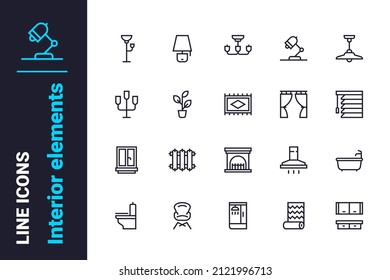 Elements to create cozy interior icons set vector illustration. Designed furniture for flat line icon. Furniture, comfort and design concept