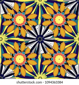 Elements to create design patterns, ornament, backgrounds, wallpaper, textiles. Vector illustration. Floral seamless texture. Beautiful bright abstract decorative black, orange and blue flowers.