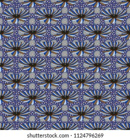 Elements to create design patterns, ornament, backgrounds, wallpaper, textiles. Beautiful bright abstract decorative blue, and brown flowers. Floral seamless texture. Vector illustration.