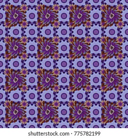 Elements to create design patterns, ornament, backgrounds, wallpaper, textiles. Floral seamless texture. Beautiful bright abstract decorative violet, blue and neutral flowers. Vector illustration.