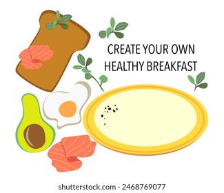 Elements to create your own Healthy Breakfast. Fried egg, avocado, toasty bread, salmon. Products for a healthy Breakfast. Vector illustration.