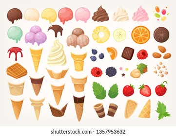 Elements to create your own ice cream. Ice cones, cups, scoops and toppings. Isolated vector images