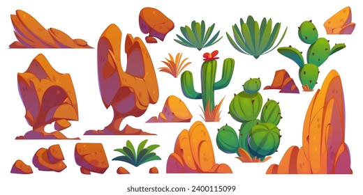 Elements for creating desert arizona or african landscape - green cactus and bushes with flower, brown mountain and rocks. Cartoon vector illustration set of wilderness scenery vegetation and stones.