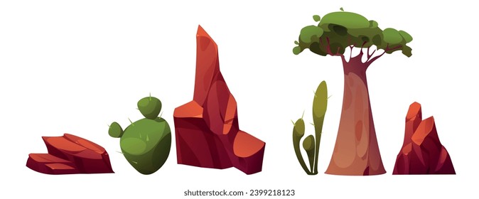 Elements for creating desert landscape - green cactus and tree, brown mountain and rocks. Cartoon vector illustration set of african or arizona scenery objects. Sahara vegetation and stones.