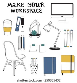 Elements for creative office workspace, workplace. Minimalistic style. Vector illustration. 