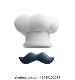 Elements of culinary uniform. A 3D vector chef's hat paired with a mustache is perfect for culinary branding. Isolated background for easy use in logos or as a chef uniform icon.