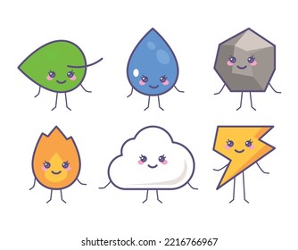 Elementos Cute Doodle Set. Gas, gota de agua, electricidad, símbolo de planta, piedra, nube. Concepto de diseño abstracto de la naturaleza