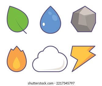 Elements Cute Icon Set. Gas, Water drop, Electricity, Plant symbol, Stone, Cloud. Nature abstract design concept