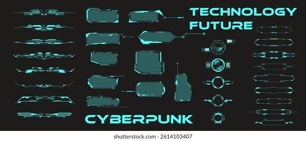 Elements in cyberpunk style. Abstract geometric patterns. Futuristic technology icons