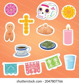 Elements for the Day of the dead. Ideal for stickers or decoration. Cute sugar skull with marigold flower, tamale, candles and colorful paper cut