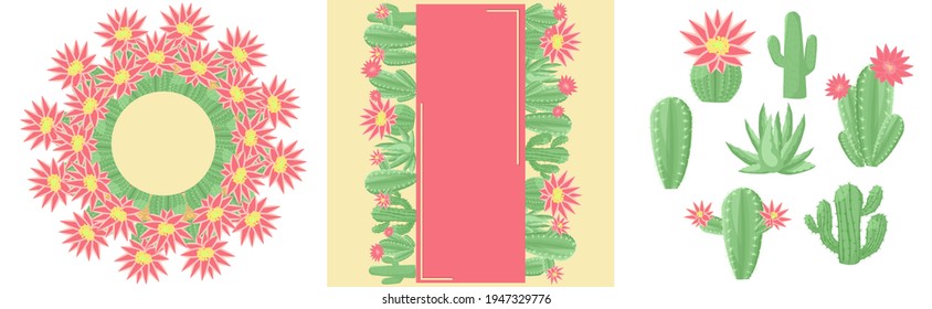 Elements for decorative banners, postcards. Tropical cacti. Vector illustration