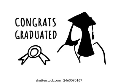 Elements for design of banner, card, poster, diploma or certificate. Graduate of an educational institution in outline cartoon style. Graduate silhouette. Stamp for the certificate.