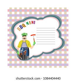 Elements of design for a barbecue, menu page on a seamless background. Design menu with space for text, image BBQ-man.