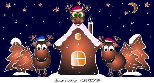 Elements for the design of a Christmas card with animals. Vector illustration.
