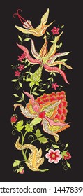 Elements for design. Fantasy flowers, traditional Jacobean embroidery style. Embroidery imitation. Vector illustration in red and green colors isolated on black background.	