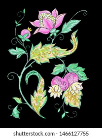 Elements for design. Fantasy flowers, traditional Jacobean embroidery style. Embroidery imitation. Vector illustration in neon colors isolated on black background.	