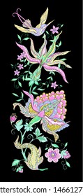 Elements for design. Fantasy flowers, traditional Jacobean embroidery style. Embroidery imitation. Vector illustration in neon colors isolated on black background.	