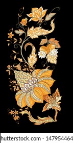 Elements for design. Fantasy flowers, traditional Jacobean embroidery style. Embroidery imitation. Vector illustration in beige colors isolated on black background.	