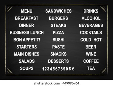 Elements of design food and drink menu, chalk text header on chalkboard, vector illustration