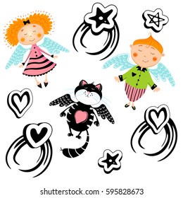 Elements for design. The nice sleeping boy and sweet girl. Vector character. 