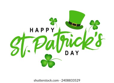 Elements for the design of a poster for a Happy St. Patrick's Day. A green shamrock and a leprechaun hat. Vector illustration on a white background.